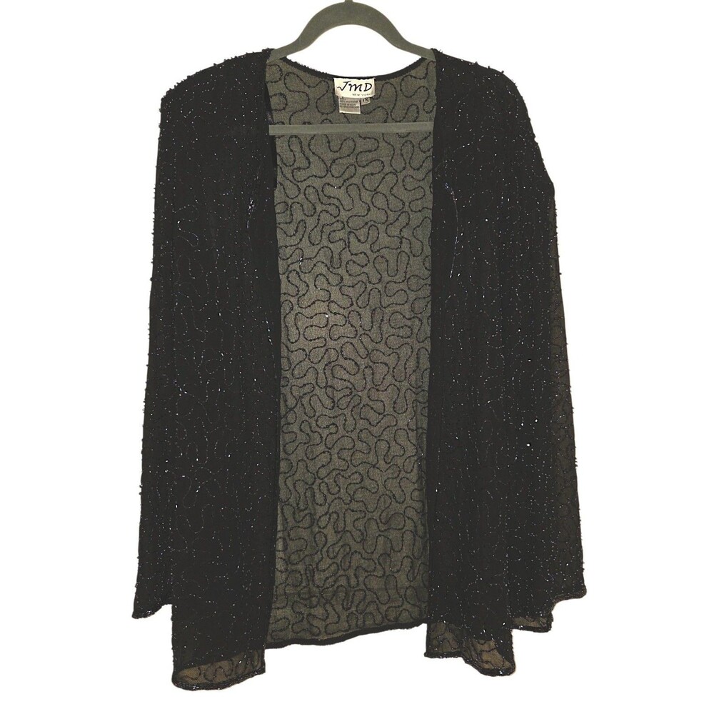 JMD New York Black Sequin Beaded Jacket Party Evening Size 1X Open Cardigan